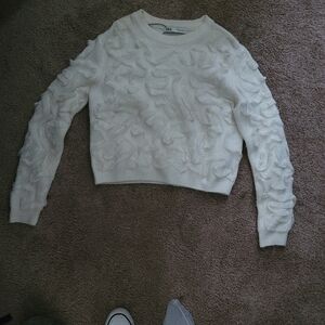 Zara White Textured Crew Neck Sweater